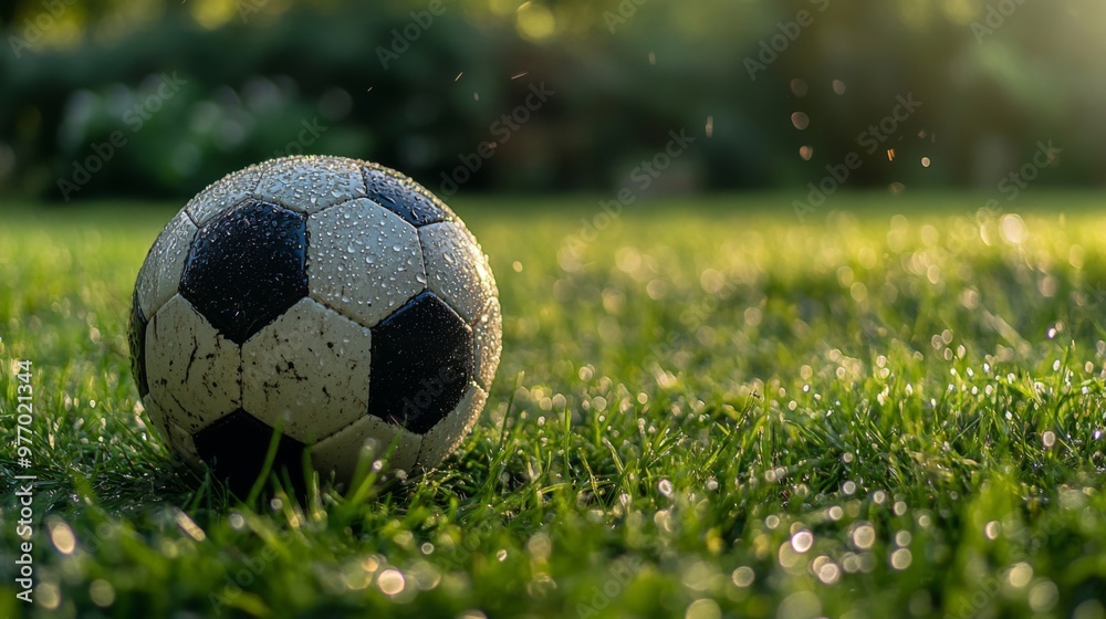 Fototapeta premium A close-up of a classic black and white soccer ball resting on a lush green grass field, with morning dew glistening on its surface.