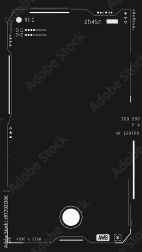 Video or photo camera futuristic viewfinder vertical overlay. Modern sci-fi UI for smart phone from future. Camera frame vector template. Black lines and text, rec icon on transparent background. 