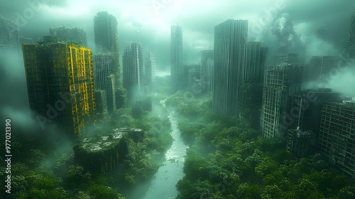 An overgrown city with tall...