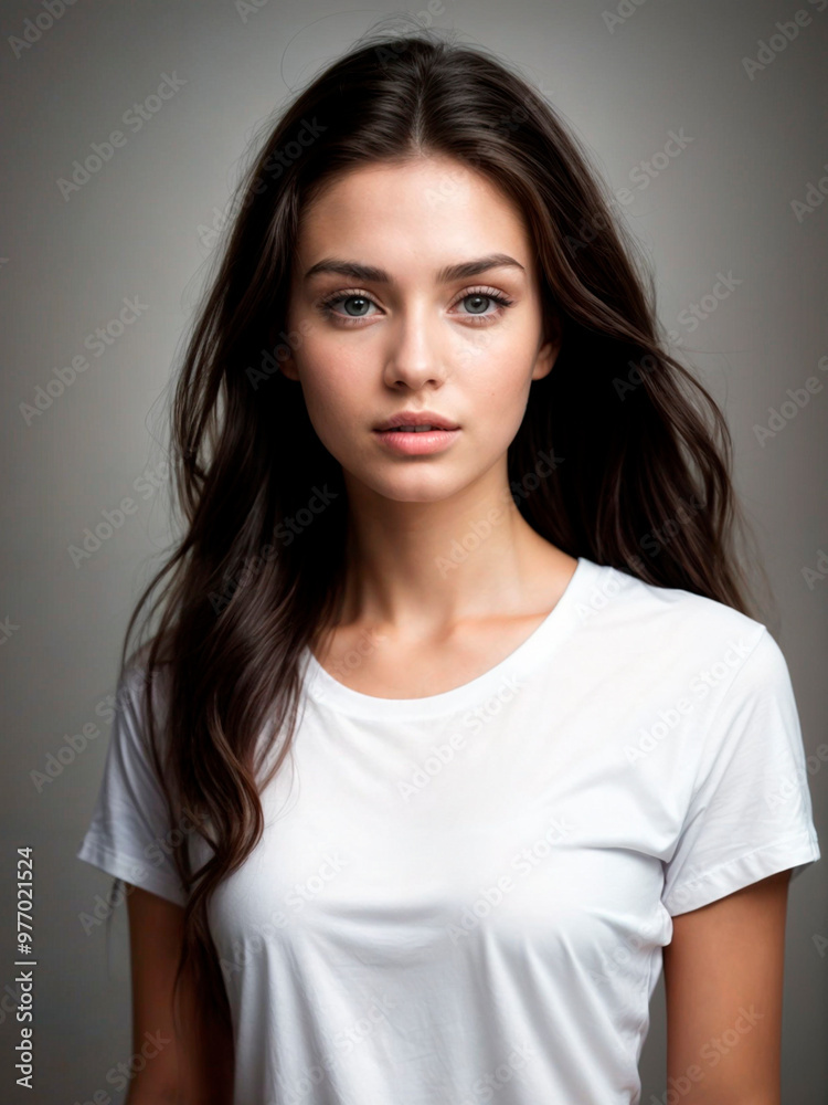 pretty model girl with long dark hair wearing a white t-shirt. pretty model girl with long dark hair wearing a white t-shirt.