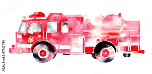 Hand drawn watercolor illustration of a fire track. Red fire vehicle with fire track.