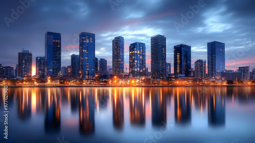 City skyline at dusk with r...
