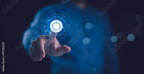 Businessman pressing power button concept. Digital technology touch screen. Hardware equipment concept. Start or shut down concept.
