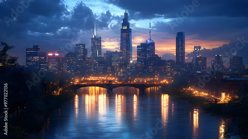 Cityscape at dusk with a br...