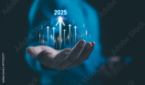 Obraz na płótnie 2024 to 2025 business growth strategic investment capital, goal of success, stock market. Company comprehensive plan budget, trend for year. Analyzing financial data and market trends from 2024. w salonie