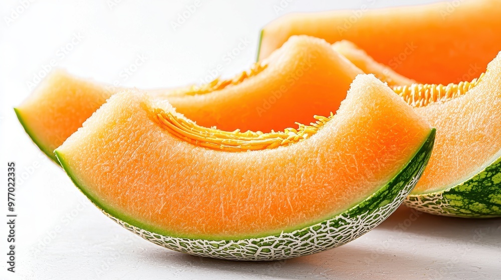 Fresh Slices of Cantaloupe Melon on White Background Fresh Slices of Cantaloupe Melon on White Background