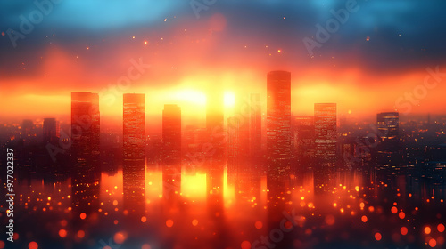 Cityscape with a sunrise and a reflection of the city in the water.