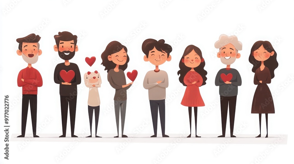 Characters demonstrating unconditional love, with open, caring gestures and soft expressions, radiating warmth, white background Characters demonstrating unconditional love, with open, caring gestures and soft expressions, radiating warmth, white background