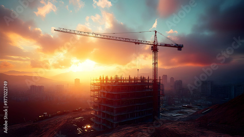 Construction crane against a sunset sky.