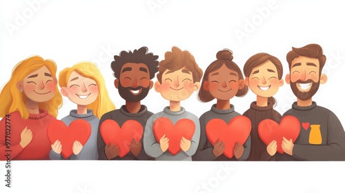 Characters demonstrating unconditional love, with open, caring gestures and soft expressions, radiating warmth, white background 