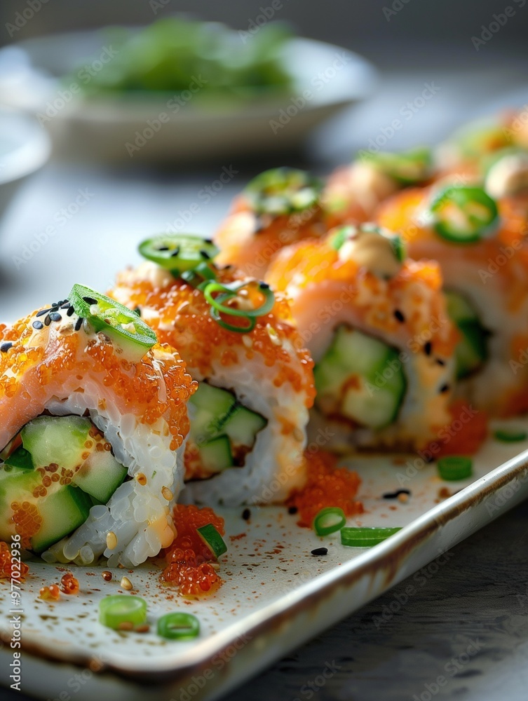 Close-up photo of Dynamite Roll sushi with spicy tuna, cucumber, avocado, and jalapenos on a rustic table Close-up photo of Dynamite Roll sushi with spicy tuna, cucumber, avocado, and jalapenos on a rustic table