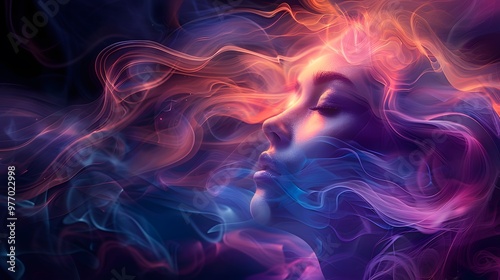A mesmerizing, iridescent emoji with swirling hues of turquoise and purple, its design embodying sophistication and allure against a deep, dark background. 