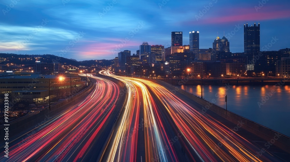 Fototapeta premium A busy city bridge with long exposure car lights blurring in both directions, creating colorful light trails against a twilight sky.