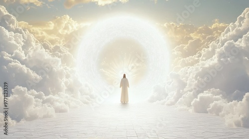 Heaven Gate   Religious Illustration  Spiritual Journey  Man in White Robe  Cloudscape  Heavenly Portal