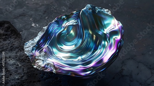 A mesmerizing, iridescent gemstone with swirling hues of turquoise and purple, its design embodying sophistication and allure against a deep, dark background.