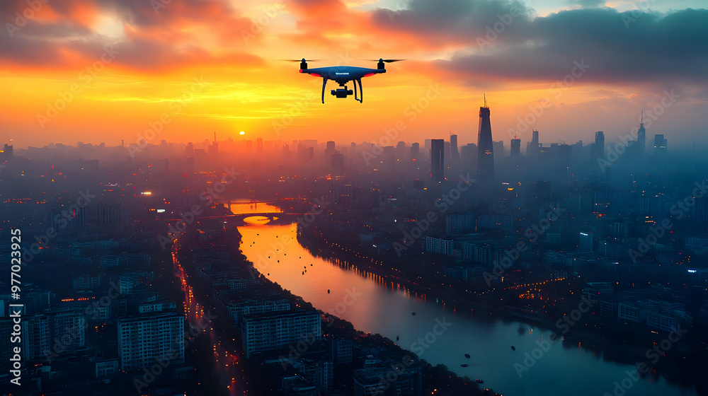 Drone flying over a cityscape during a beautiful sunset with a river running through the city. Drone flying over a cityscape during a beautiful sunset with a river running through the city.