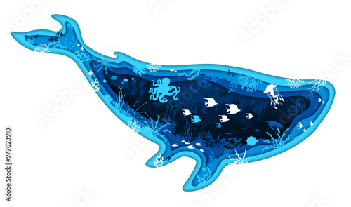 Paper cut whale silhouette with underwater landscape and undersea fishes, vector banner. Sea or ocean life of underwater animals, jellyfish and octopus with turtle in papercut whale silhouette