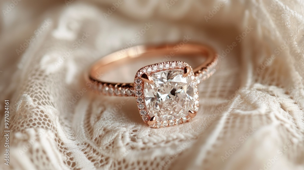 A close-up of a cushion-cut diamond engagement ring with a rose gold band, resting on delicate lace fabric for a romantic feel. A close-up of a cushion-cut diamond engagement ring with a rose gold band, resting on delicate lace fabric for a romantic feel.
