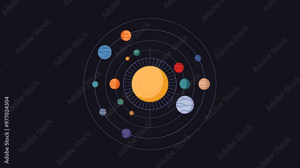 A colorful depiction of the solar system featuring the sun and its ...