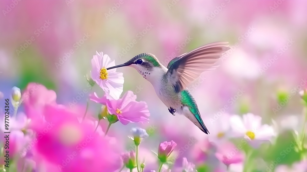 Naklejka premium A colorful hummingbird gracefully hovering near vibrant flowers, showcasing nature's beauty and harmony in a peaceful garden setting.