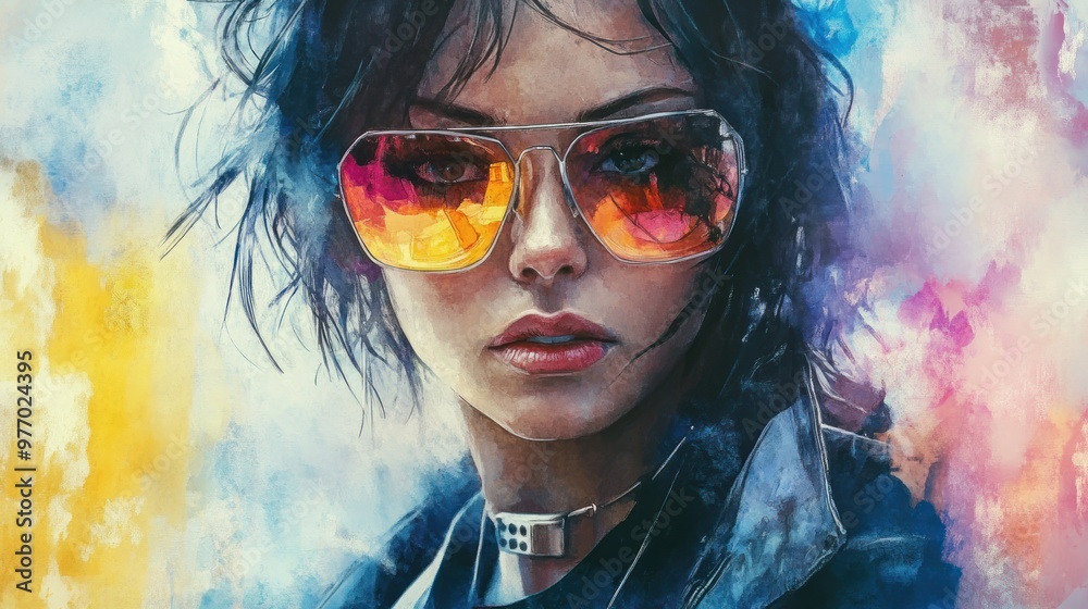 Woman in Sunglasses with Watercolor Background Woman in Sunglasses with Watercolor Background
