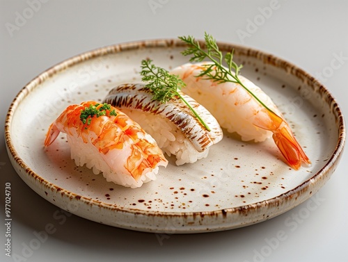 Japanese seared Akagai Nigiri, Nigiri Akagai light background, detailed setting close up food photo photo