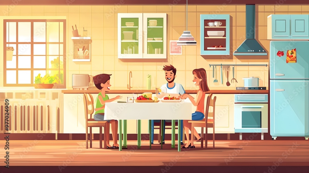 A family enjoying a meal together in a cozy kitchen, highlighting warmth and togetherness in an inviting atmosphere. A family enjoying a meal together in a cozy kitchen, highlighting warmth and togetherness in an inviting atmosphere.