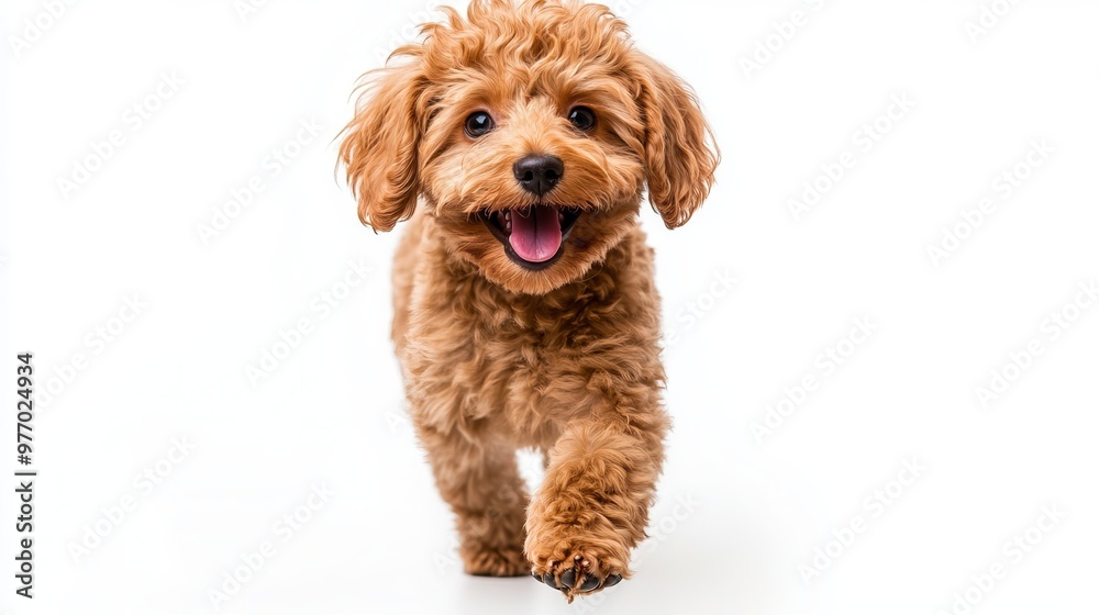 A cute Goldendoodle with curly fur is walking towards you on a white background. It is smiling happily. A cute Goldendoodle with curly fur is walking towards you on a white background. It is smiling happily.