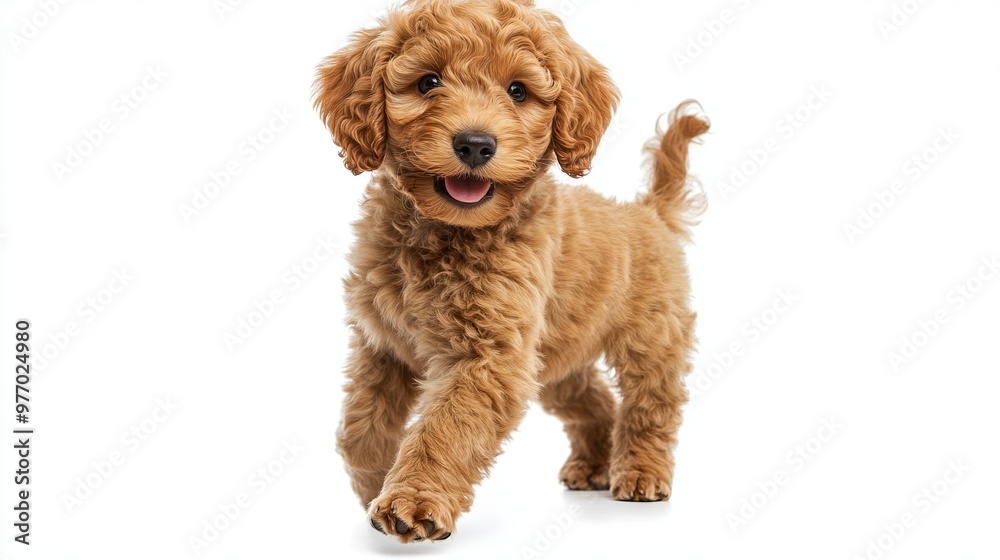 A cute Goldendoodle with curly fur is walking towards you on a white background. It is smiling happily. A cute Goldendoodle with curly fur is walking towards you on a white background. It is smiling happily.