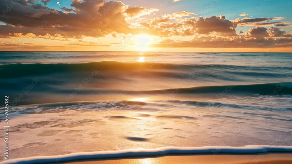 Beautiful sunset over the ocean with gentle waves lapping at the sandy shore during a serene evening at the beach Beautiful sunset over the ocean with gentle waves lapping at the sandy shore during a serene evening at the beach