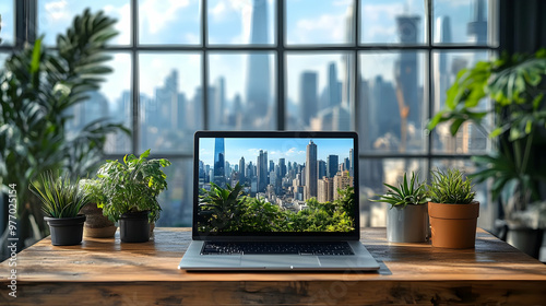 Laptop on a wooden table, w...