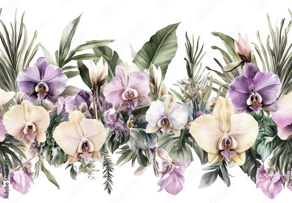 Illustration of tropical leaves and flowers drawn with watercolors. Seamless tropical pattern.