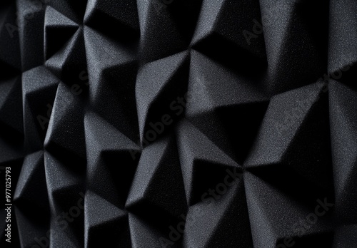 Recording studio background of textured black geometric soundproof foam with pyramid shape photo