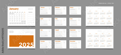 Set of 2025 Pages Monthly Calendar Planner Templates, Cover with Place for Photo, Company Logo, Annual. Design of Vector layout Calendar Pages size A4-21x29.7 cm in for print. Week start on Monday