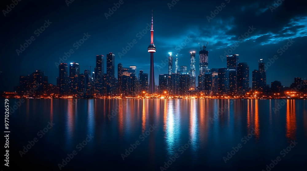 Obraz premium Night cityscape with skyscrapers reflected in water.