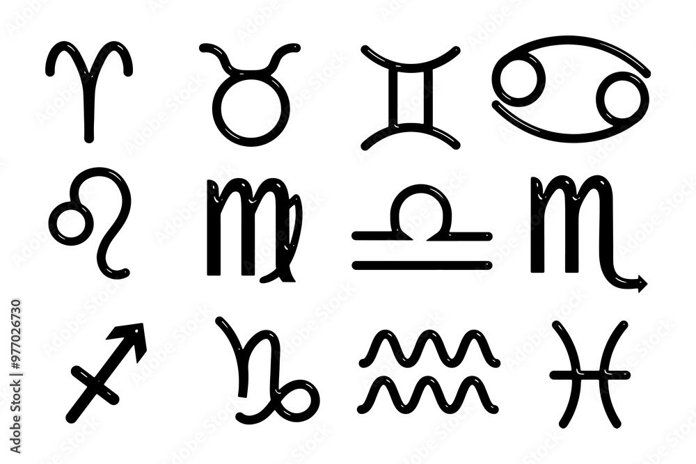 Set of 12 zodiac signs in 3D style in black on a white background. Astrological zodiac signs Set of 12 zodiac signs in 3D style in black on a white background. Astrological zodiac signs