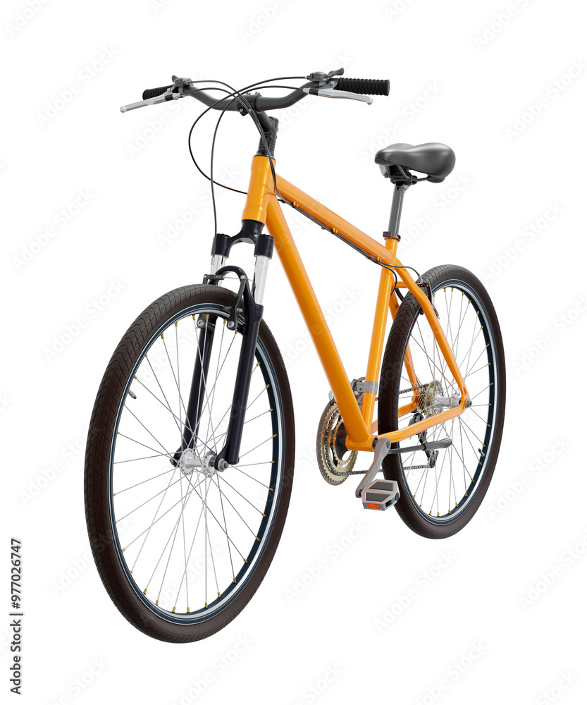Fototapeta premium Orange bicycle, front side view. Black leather saddle and handles. Png clipart isolated on transparent background