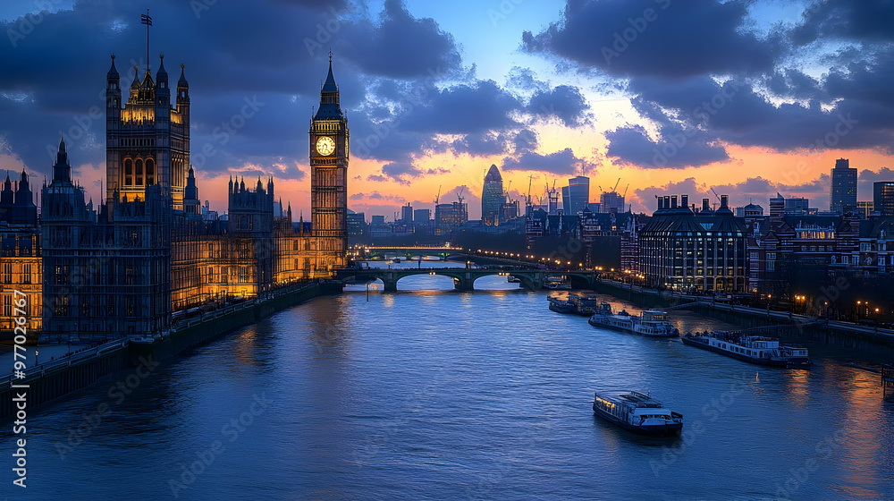 Obraz premium Panoramic view of London skyline at sunset with the Houses of Parliament, Big Ben, and the River Thames.