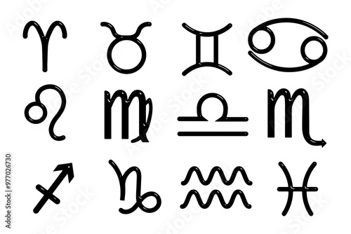 Set of 12 zodiac signs in 3D style in black on a white background. Astrological zodiac signs