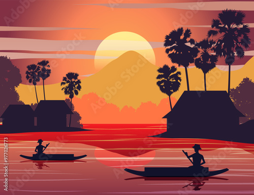 sunset landscape and Buddha Thai temple with a rowing boat around with tree.countryside of east lifestyle.vector illustration