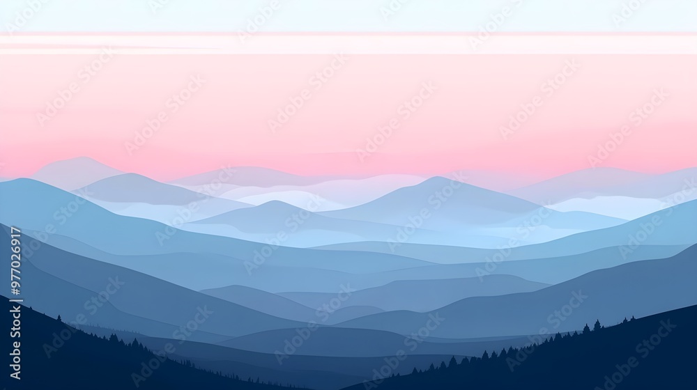 Obraz premium A serene landscape depicting soft rolling hills in shades of blue and pink, evoking calmness and tranquility at dusk.