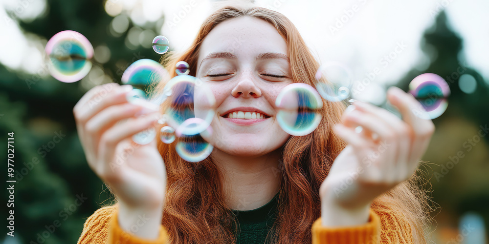 Young woman smile and blow soap bubbles on background with copy space Young woman smile and blow soap bubbles on background with copy space