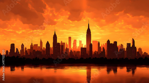 Silhouette of a city skyline at sunset with a fiery orange sky reflecting in the water.