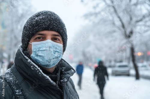 A person wearing a medical mask, a winter city street with snow, people walking in the background