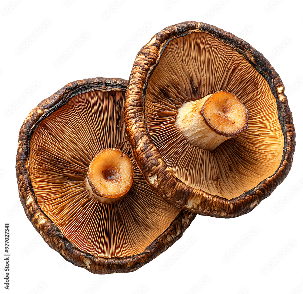 Realistic Photograph of Two Pieces of Dried Mushrooms Isolated on Transparent Background
