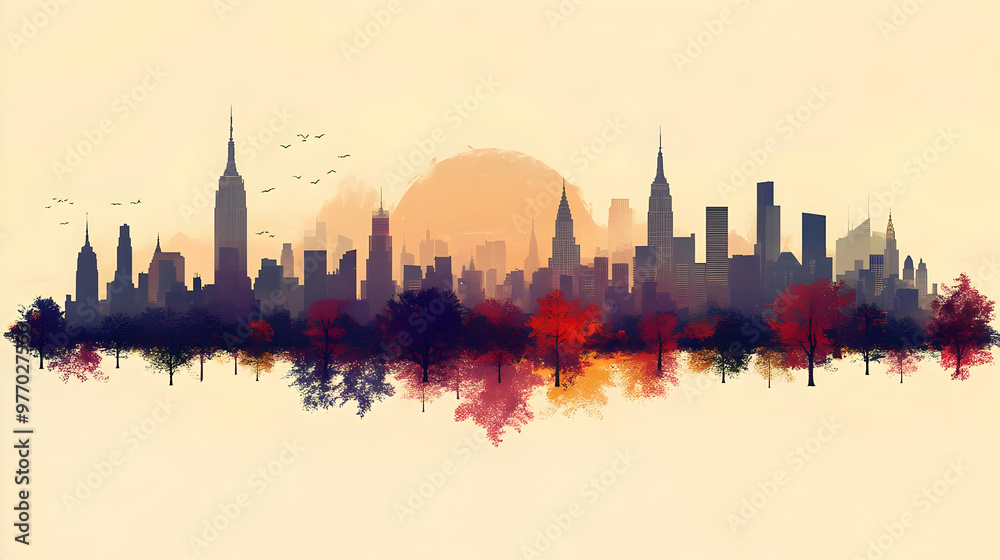 Obraz premium Silhouette of a city skyline with fall foliage in the foreground.