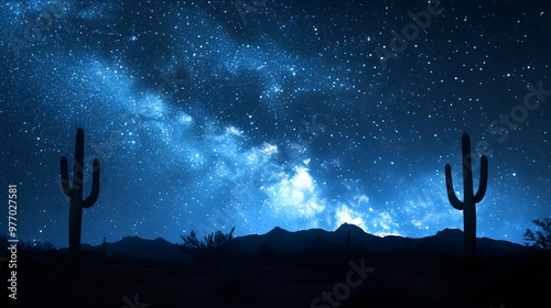 A stunning night sky filled with stars above silhouetted cacti and mountains, creating a serene desert landscape. photo