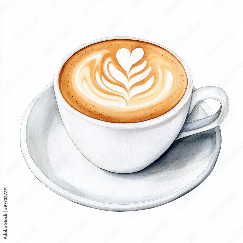 Watercolor Cup of Coffee with Latte Art A beautifully painted watercolor illustration of a cup of coffee featuring intricate latte art in a white ceramic cup and saucer