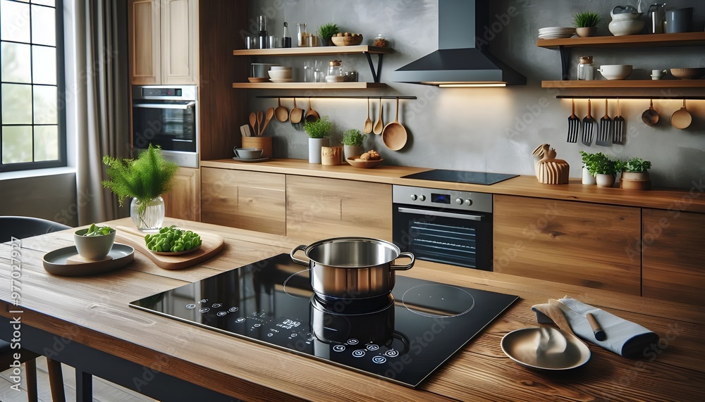 Induction stove, oven and range hood on modern kitchen with wooden furniture. Stainless pan on glass ceramic hob. Cooking food on electric cooker at home. Household appliance. Apartment interior Induction stove, oven and range hood on modern kitchen with wooden furniture. Stainless pan on glass ceramic hob. Cooking food on electric cooker at home. Household appliance. Apartment interior