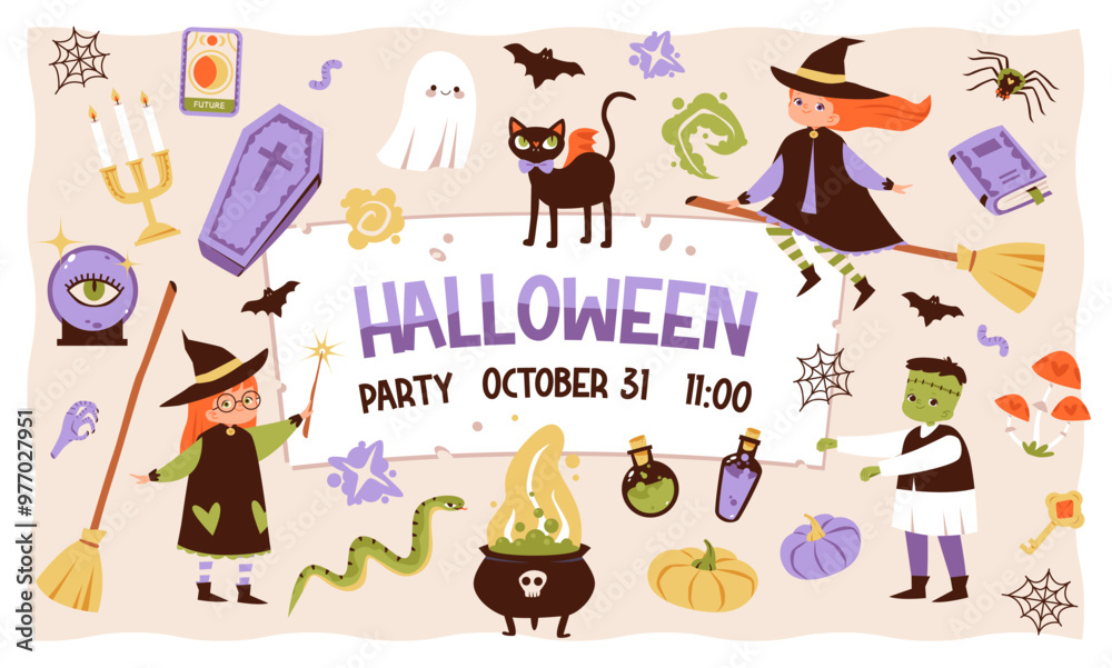 Halloween party poster. Children in funny and scary witch, ghost and monster costumes. Festive background, postcard for event invitation Halloween party poster. Children in funny and scary witch, ghost and monster costumes. Festive background, postcard for event invitation